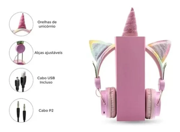 Headphone Fone De Ouvido Sem Fio Bluetooth Unicórnio Brilho - Imagem 6