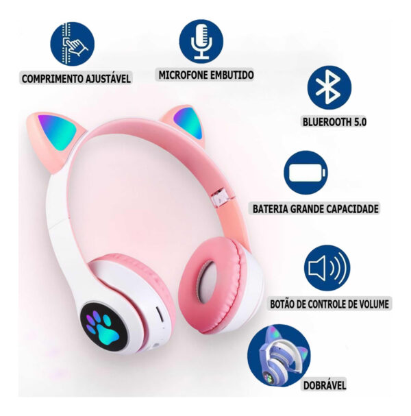 Fone De Ouvido Bluetooth Orelha Gatinho Infantil Led Sem Fio - Imagem 5