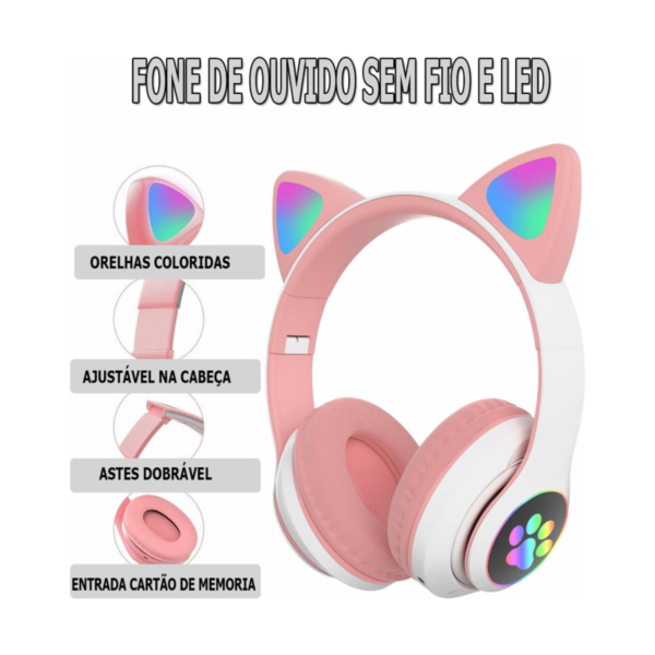 Fone De Ouvido Bluetooth Orelha Gatinho Infantil Led Sem Fio - Imagem 6